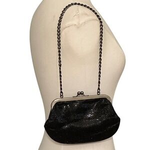 VTG Y2K Express Black Glitter Sparkle Evening Bag Chain Kisslock Glam Night Out
